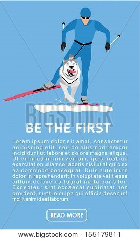 Running with a dog-husky on skis. Flat cartoon illustration. Sport banner. Skijoring