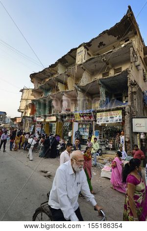 Mumbai, India - November 5, 2016: Abandoned demolished building at Shivaji Chowk market, Kalyan,Thane, India