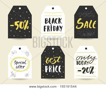 Cute hand drawn black friday sale discount cards tags with lettering qoutes. Sale background elements. Printable tags set