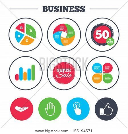 Business pie chart. Growth graph. Hand icons. Like thumb up symbol. Click here press sign. Helping donation hand. Super sale and discount buttons. Vector