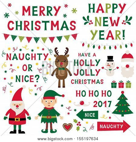 Christmas isolated vector characters (Santa, elf, reindeer) and lettering set, text in hand lettered font
