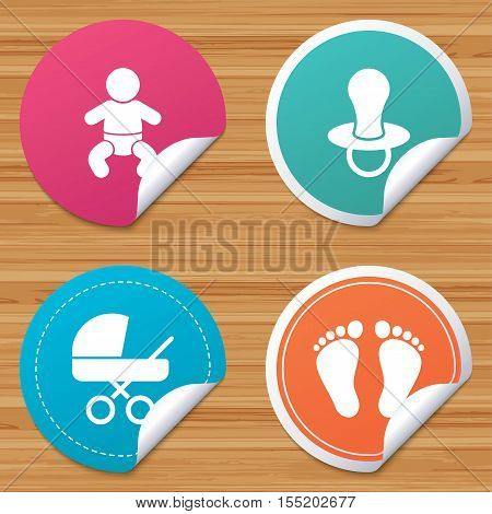 Round stickers or website banners. Baby infants icons. Toddler boy with diapers symbol. Buggy and dummy signs. Child pacifier and pram stroller. Child footprint step sign. Vector