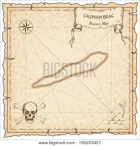 Cayman Brac Old Pirate Map. Sepia Engraved Parchment Template Of Treasure Island. Stylized Manuscrip