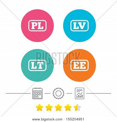 Language icons. PL, LV, LT and EE translation symbols. Poland, Latvia, Lithuania and Estonia languages. Calendar, cogwheel and report linear icons. Star vote ranking. Vector