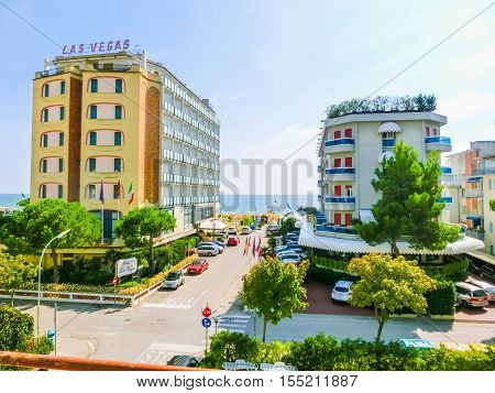 Lido di Jesolo, Italy - September 18, 2014: Sunny view at one of the street of Lido di Jesolo near Venice, Veneto region, Italy.