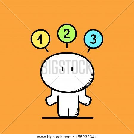 Cute funny confused man makes a choice from the options on the orange background. Make a decision - cartoon vector illustration.