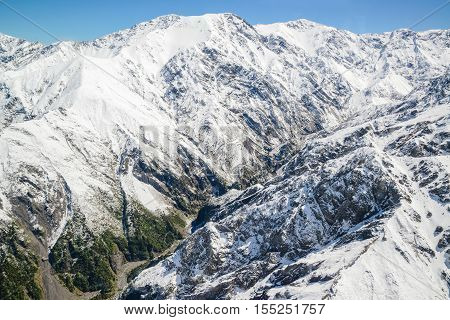 Aerial view of Mountain Cook Range Landscape with from Helicopter New Zealand