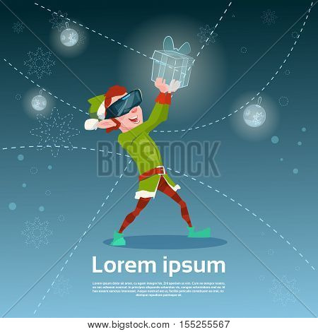 Santa Helper Green Elf Wear Digital Glasses Hold Virtual Present Merry Christmas Happy New Year Flat Vector Illustration