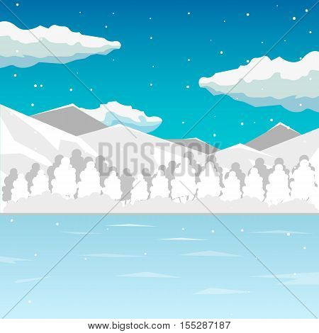 Winter. Sea And Mountain Landscape, Neverending Vector Illustration, Cartoon Background For Game Des