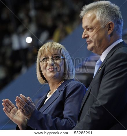 SOFIA BULGARIA - OCTOBER 9: GERB's presidential and vice-presidential candidates Tsetska Tsacheva and Plamen Manushev are smiling during launching 2016 Presidential Campaign Oct 9 2016 Sofia Bulgaria.