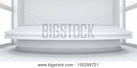 Empty showroom with circle table for exhibit. White background. 3D rendering