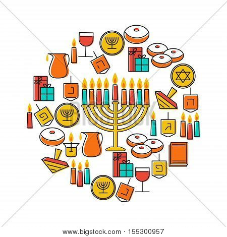 Hanukkah holiday background. Design elements set. Holiday symbols: menorah (candlestick) candles donuts (sufganiya) gifts dreidel coins oil. Greeting card template design. Vector illustration