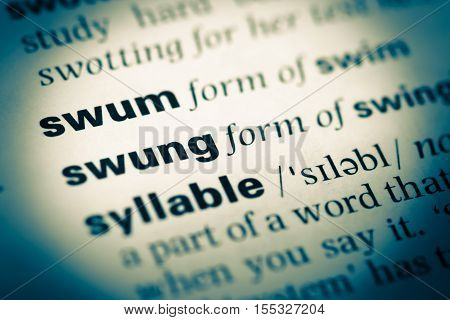 Close Up Of Old English Dictionary Page With Word Swum