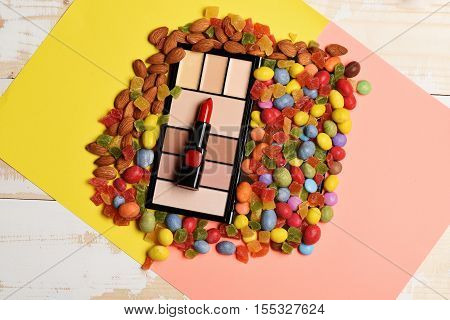 Children`s Cosmetic On Colorful Wooden Background