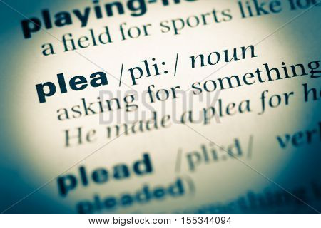 Close Up Of Old English Dictionary Page With Word Plea