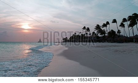 Sunset at Manchebo beach on Aruba island in the Caribbean
