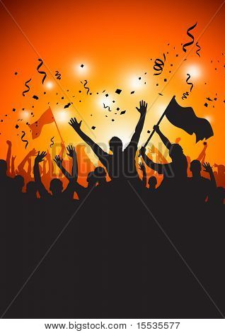 A happy crowd at a concert or stadium. Vector Illustration.