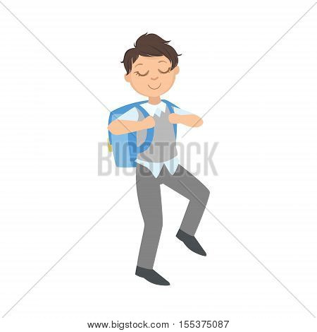 Boy In School Uniform And Backpack Going To Studies Simple Design Illustration In Cute Fun Cartoon Style Isolated On White Background
