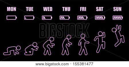 Abstract working life cycle from Monday to Sunday concept in glowing outline neon stick figure style on black background