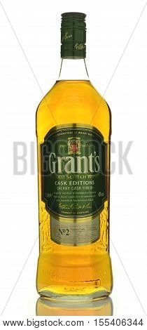CIRCA OCTOBER 2016 - GDANSK: Grants blended cask editions whiskey isolated on white background. Grants has been produced by William Grant and sons in Scotland since 1887