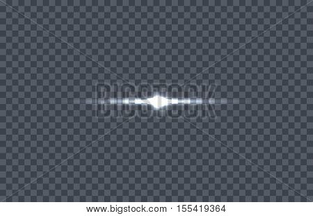 White glowing light burst. Vector illustration on transparent background. Design element with light effect. Horizontal flash light. For space science concepts, night sky, magic light illustrating