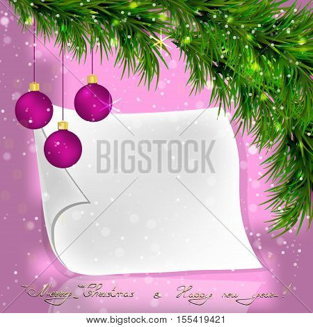 Christmas fir twigs and lilac balls with white paper scroll on a pink background.