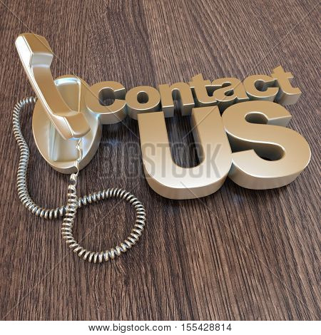 3D rendering of an unhooked red telephone and the word contact