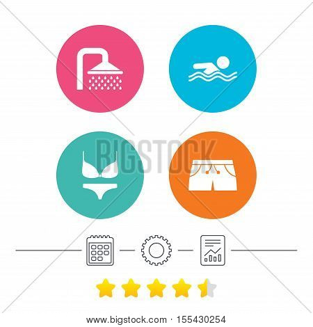 Swimming pool icons. Shower water drops and swimwear symbols. Human swims in sea waves sign. Trunks and women underwear. Calendar, cogwheel and report linear icons. Star vote ranking. Vector