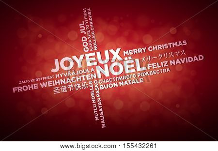 Multi language Merry Christmas typographic design. 
French text is in the middle of the page. Word Cloud in different languages. Vector illustration.