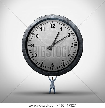 Medical time concept as a doctor or general practitioner holding a giant clock as a hospital appointment and patient care or surgery schedule management with 3D illustration elements.