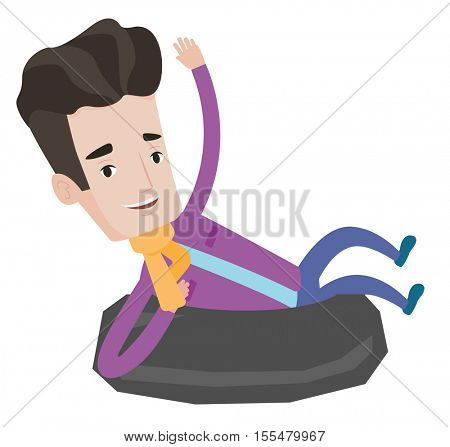 Young joyful caucasian man having fun while sledding on snow rubber tube. Man riding on snow rubber tube. Man sitting in snow rubber tube. Vector flat design illustration isolated on white background.