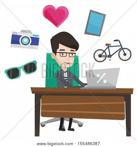 Young caucasian man using laptop for online shopping. Happy man doing online shopping. Man buying in online shop. Man making online order. Vector flat design illustration isolated on white background.