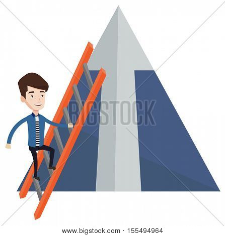 Businessman climbing the ladder. Businessman climbing on mountain with arrow going up. Businessman climbing upward on the top of mountain. Vector flat design illustration isolated on white background.
