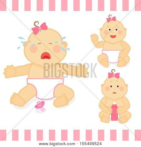 Cute cartoon small pink baby girl vector illustration. Baby toddler crying, sadness baby with bottle of milk