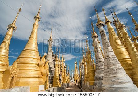 Shwe Indien the group of ancient pagoda in Inle lake of Myanmar.