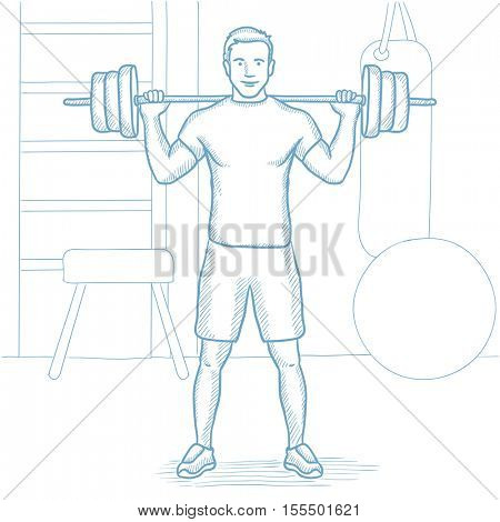 Sporty man lifting a heavy weight barbell in the gym. Strong sportsman doing exercise with barbell. Male weightlifter holding a barbell. Hand drawn vector sketch illustration on white background.