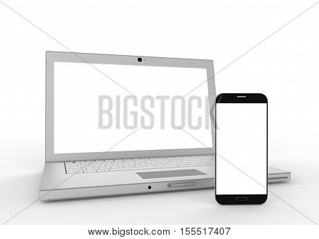 Laptop smartphone mockup on white background. 3d illustration.