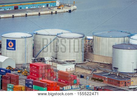 Stockholm Sweden - March 30 2016: Statoil Fuel & Retail large containers in the port of Stockholm Sweden