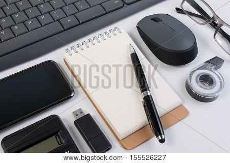 Flatlay Of Business Office Stuff Isolated On White. Business Office Supplies Or Business Office Stat