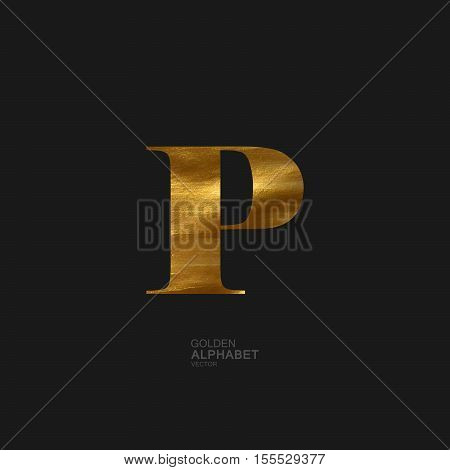 Golden Letter P. Typographic vector element for design. Part of glow golden painted alphabet. Letter P with golden paint texture. Vector illustration