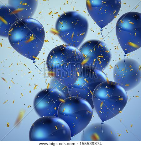 Blue balloons and golden confetti. Vector festive illustration of flying realistic glossy balloons and shiny confetti. Decoration 3D element for party invitation design