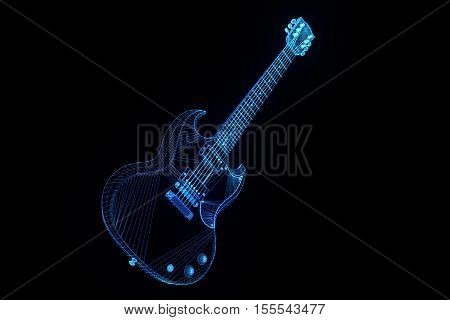 3D Guitar in Hologram Wireframe Style. Nice 3D Rendering