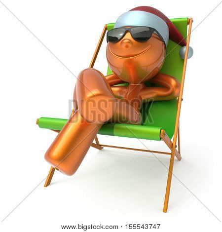 New Year's Eve man Merry Christmas smiley character sunglasses Santa Claus hat person happy Xmas vacation chilling beach deck chair enjoy travel sun lounger chaise sunbathe relaxing rest. 3d render