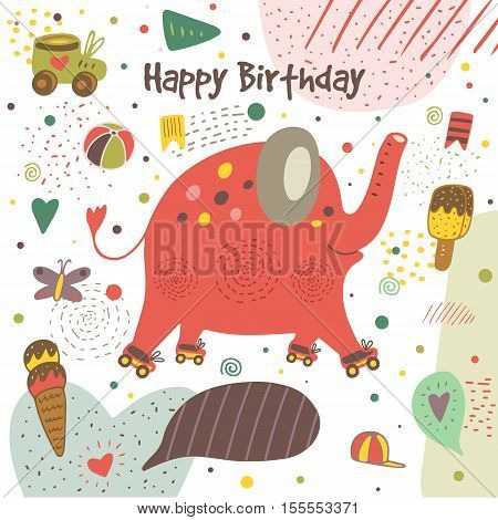 Cute hand drawn doodle postcard with elephant with roller skates ice cream flag ball butterfly heart cap polka dot stripes. Happy birthday cover. Background for children with animal