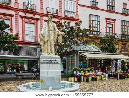 Kadiz, Spain - Sep 4, 2016: Kadiz street - Frowers market square
