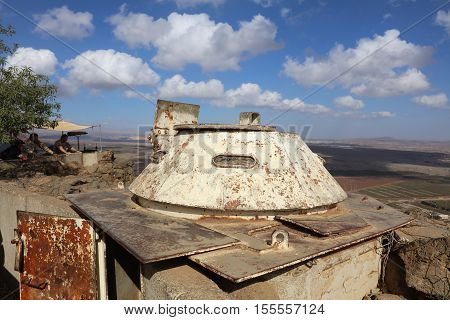 Golan Heights, Israel - October 31, 2016: UN Peacekeeper on Mount Bental in the Golan Heights between Israel and Syria. Israel captured the Golan Heights in 1967 war and annexed it in 1981. Its not recognized internationally.