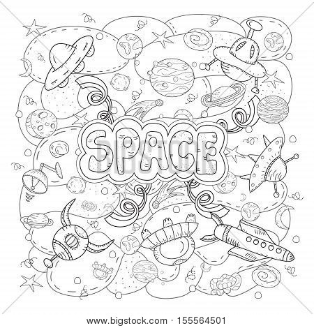 contour cartoon hand-drawn doodles Space illustration. Colorful detailed with lots of objects vector background.