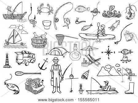 Hand drawn icons about fishing isolated on white background - Stock Vector