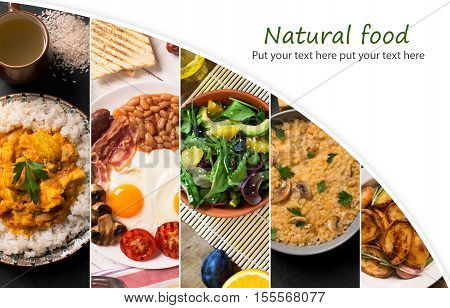 Collage from different pictures of natural food prepared in rustic style. National cuisine