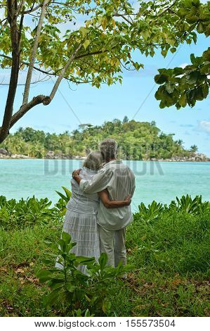 Happy elderly couple rest at tropical beac